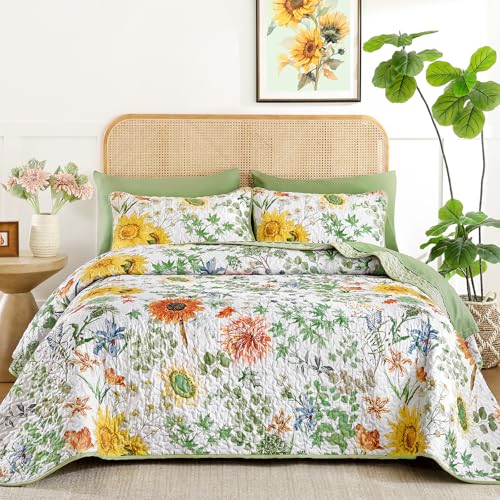 Yiran Floral Quilt Set Queen Size, Sage Green Sunflower Botanical Bedspread Bedding Set, 3 Pieces Summer Soft Lightweight Microfiber Coverlet with 2 Pillow Shams for All Season 96x90 Inch