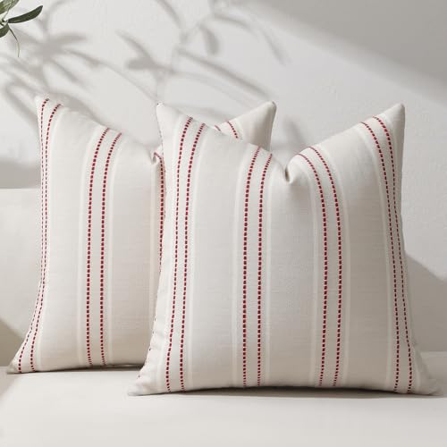Hckot Christmas Throw Pillow Covers 20x20 Set of 2 Red Striped Pillow Covers Textured Linen Xmas Decorations Pillows Farmhouse Winter Holiday Decor for Sofa Living Room (Red)