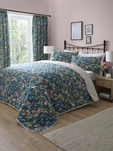 Dreams & Drapes Teal Floral & Bird Bedspread (230cm X 200cm) - Reversible (2 Designs) - Floral Quilt Bedspread with Botanical Prints & Spring Birds, Green