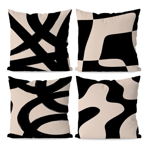 KEUSPI Black and Beige Throw Pillow Covers, Boho Modern Abstract Decorative Black and Pink Beige Cream Pillow Covers Decor for Couch Living Room Home 18x18 Set of 4