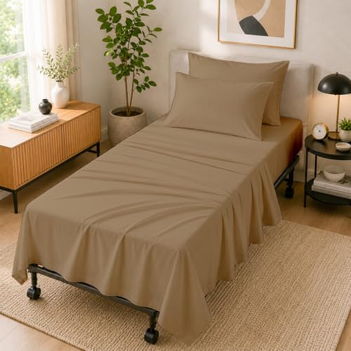 "Cottingon 4 Piece Cot Mattress Sheet Set 33""X75"", Egyptian Cotton, Soft Sheets, Fits 4 to 7 Inch Deep Pocket for Narrow, Twin,Camper, RV Bunk, Tri Fold Mattress, Taupe"