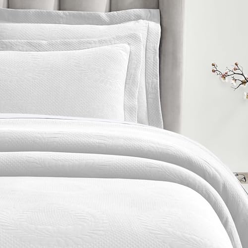 Superior 3 Piece Cotton Bedspread Set, Home Bed Decor, Decorative Bed Spread, 2 Pillow Shams, Medium Weight Blanket, Matelasse Coverlet, Bedding Essentials, Peploi Collection, King, White