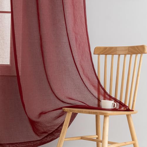 "MYSTIC-HOME Burgundy Sheer Curtains 108 Inch Length 2 Panels Set, Extra Long Light Filtering Solid Voile Window Drapes for Living Room Party Ceremony, 52"" Wx108 L, 9FT Length, Set of 2, Burgundy"