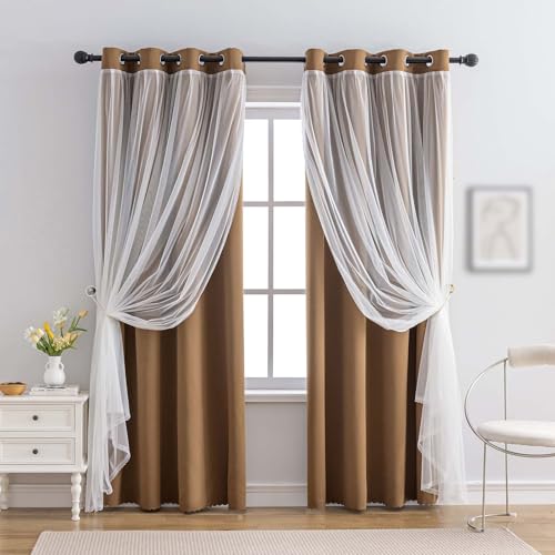 indistar Home Blackout Curtains Double Layer Solid Sheer Grommet Top Window Curtain Panel Pair, 52Wx63L,Coffee