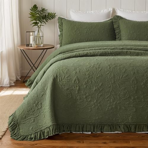 Brandream Quilt Set Full Size Cotton Matelasse Bedding Floral and Vine Stitching Lightweight Summer Ruffled Quilt Set 3-Piece Olive Green