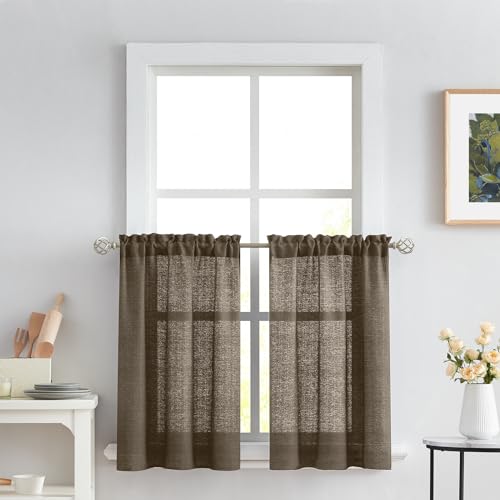Melodieux Brown Semi Sheer Tier Curtains 36 Inch Length for Kitchen Cafe Bedroom Small Windows, Linen Look Rod Pocket Short Curtain Tiers Voile Drapes, 2 Panels