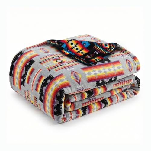 Sacred Thread Aztec Blanket Fleece, Reversible Native American Blanket, Western Throw, Native American Western (Grey Flannel), Full (60???x80???)