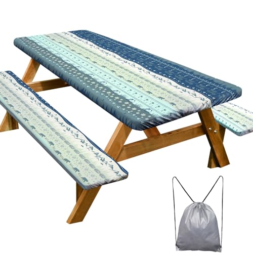 Play Tailor Picnic Table Cover with Bench Covers Camping Essentials Waterproof Windproof Camping Tablecloth with Drawstring Bag, Fitted Rectangle Tables and Seats, 72in, Bohemian