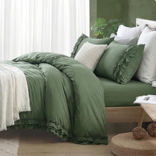 Olive Green Comforter Set King Ruffled Bedding Comforter Dark Green Ruffle Fringe Decor Shabby Chic Bedding Super Soft Cozy Farmhouse Country Quilt Comforter