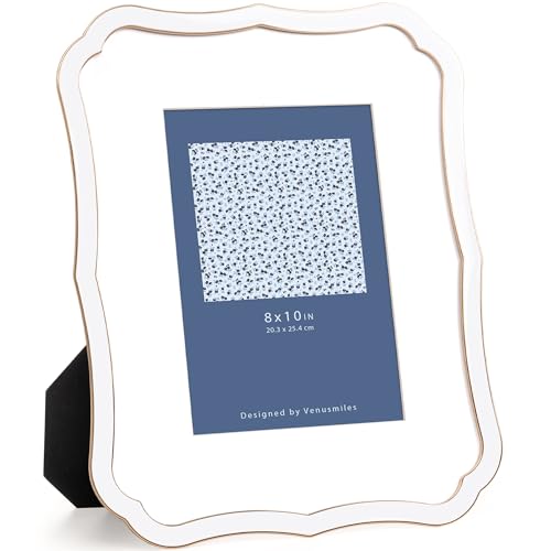 Venusmiles 8x10 Enamel Picture Frame with Mat to 5x7, Wavy Cloud Border, Gold Metal Edge Easel, Real Glass Photo Frame for Wall and Tabletop Display Family Office Photo Gallery, White Enamel/1pc