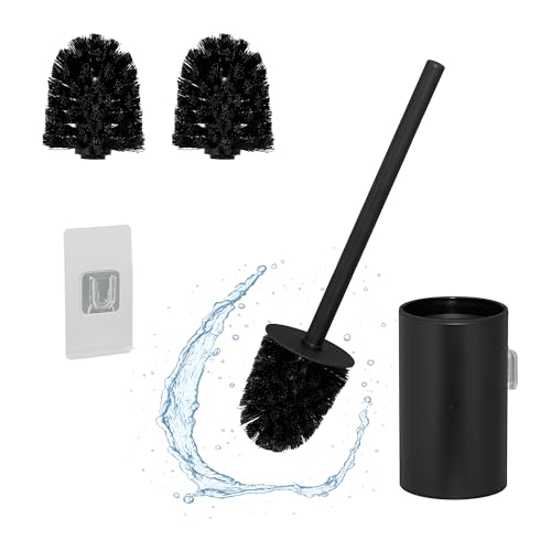 Relaxdays Toilet Brush with Wall Holder, Adhesive, 40.5 x 9 x 10 cm, Stainless Steel, Plastic, Replacement Heads, Black