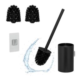 Relaxdays Toilet Brush with Wall Holder, Adhesive, 40.5 x 9 x 10 cm, Stainless Steel, Plastic, Replacement Heads, Black