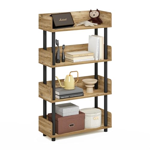 Furinno TURN-N-TUBE 4-Tier Display Shelf, Storage Shelves, Book Shelf, Open Shelves with Rounded Corner Top Edges, for Organization and Storage, Living Room, Home Office, Flagstaff Oak