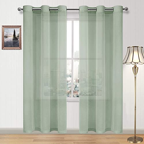 DWCN Semi Sheer Curtains, Grommet Top Window Curtains for Bedroom Living Room, Faux Linen Look Voile Transparent Solid Sheer Curtains Set of 2 Panels 46 x 84 Inches Long, Bean Green