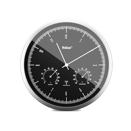 Mebus TinyTime Radio Wall Clock with Thermal and Hygrometer - No Ticking Noise - 25 cm - Black Dial - Silver Casing - 1977