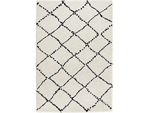 Mint Rugs Allure Round High Pile Living Room Rug Soft Fluffy Long Pile Shaggy Flokati Diamond Pattern for Living Room Kitchen Hallway or Bedroom Cream-Black Diameter 120 cm