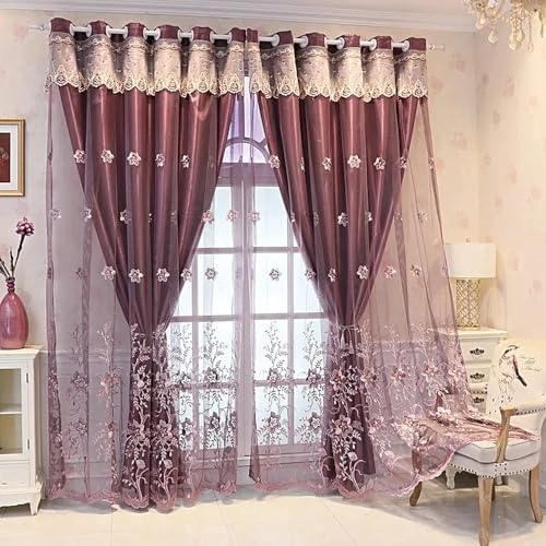 Amidoudou 1 Pair European Double Layer Curtains for Living Room Bedroom Luxury Flower Embroidered Curtains with Valance (Purple,54x102 Inch)