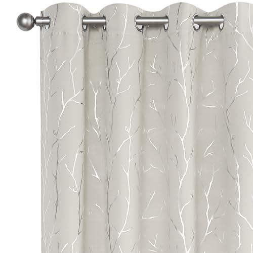 BUHUA White Black Out Curtains 72 Inch Long 2 Panels, Soundproof Curtains with Elegant Silver Tree Branches Print, Heat Blocking Curtains for Livingroom, 52W x 72L, Natural