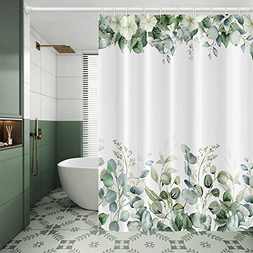 Umpoo Eucalyptus Leaves Shower Curtain Green Leaf White Flowers Nature Plants for Bathroom Modern Style Home Decor Waterproof Polyester Fabric Shower Curtain with Hooks, 72x78 Inch