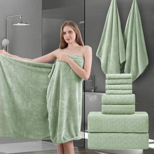8-Piece Green Bath Towels Set,2 Oversized Large Bath Towels Sheet,2 Hand Towels and 4 Washcloths - 600 GSM Soft Luxury Towel Set,Highly Absorbent Quick Dry Towel Collection for Bathroom,Hotel and Spa