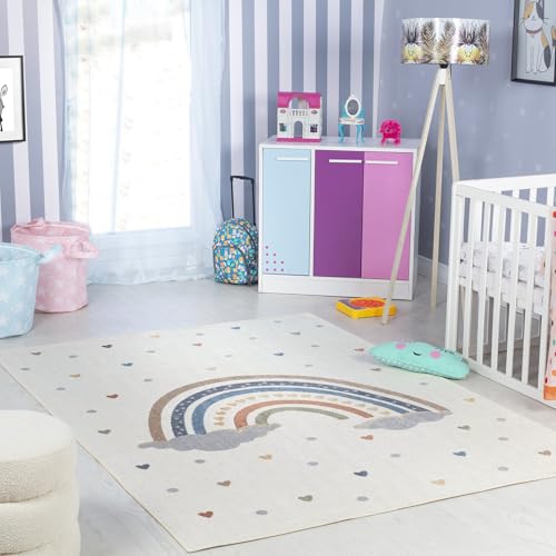 Livabliss Raini-Bow Rainbow Pattern Rug - Childrens Rugs for Bedroom 160x213 cm, Machine Washable Animal Rug for Girls & Boys Bedroom, Playroom and Nursery Rugs - Girl, Boy, Baby, Kids Carpet, Cream