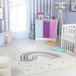 Livabliss Raini-Bow Rainbow Pattern Rug - Childrens Rugs for Bedroom 160x213 cm, Machine Washable Animal Rug for Girls & Boys Bedroom, Playroom and Nursery Rugs - Girl, Boy, Baby, Kids Carpet, Cream