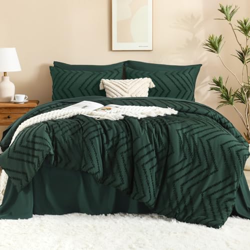 Litanika King Size Comforter Set with Sheets Dark Emerald Green - 7 Pieces Bed in a Bag King Boho Tufted Complete Beddding Sets with Comforter, Sheets, Pillowcases & Shams