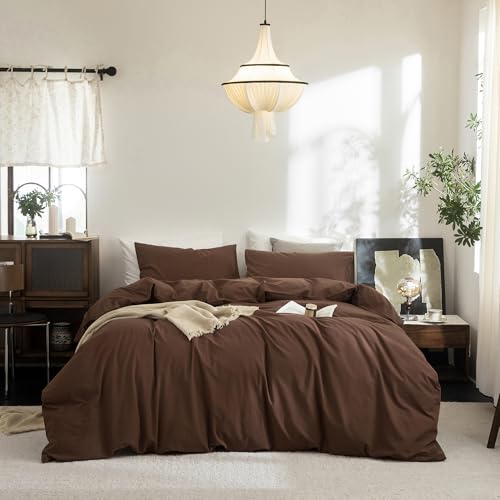 FOSSA Duvet Cover Set 100% Washed Cotton Linen Feel Twin - Super Soft Breathable Lightweight & All Season Bedding Set with Hidden Zipper & 8 Corner Ties (Cocoa Brown)