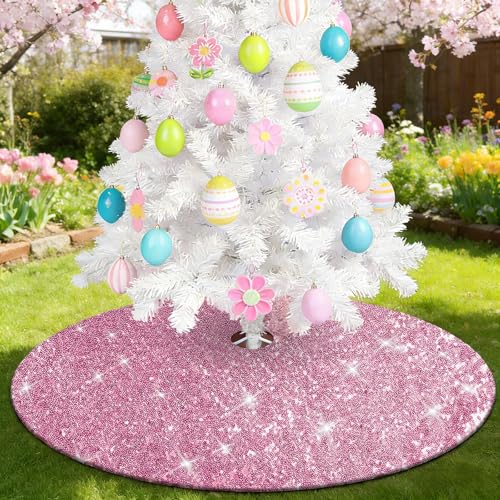 tiosggd Pink Christmas Tree Skirt, 48 inch Large Sequin Xmas Tree Ornaments, Double Layers Glitter Tree Mat Fall Thanksgiving Day Christmas Decorations for 7.5 Ft Tree