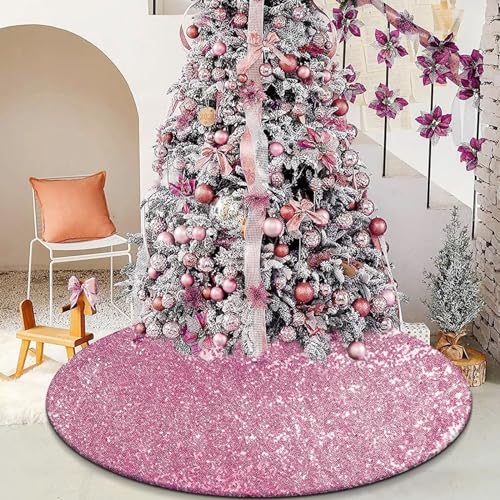tiosggd Pink Christmas Tree Skirt, 48 inch Large Sequin Xmas Tree Ornaments, Double Layers Glitter Tree Mat Fall Thanksgiving Day Christmas Decorations for 7.5 Ft Tree