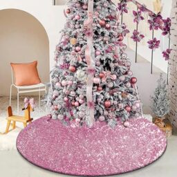 tiosggd Pink Christmas Tree Skirt, 48 inch Large Sequin Xmas Tree Ornaments, Double Layers Glitter Tree Mat Fall Thanksgiving Day Christmas Decorations for 7.5 Ft Tree