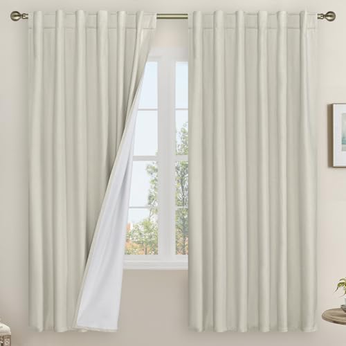 LAMIT 100% Blackout Linen Curtains, 72 Inch Linen Textured Living Room Farmhouse Curtains Room Darkening Back Tab and Rod Pocket Burlap Neutral Panels with White Liner, 2 Panels, 52 x 72 Inch, Stone