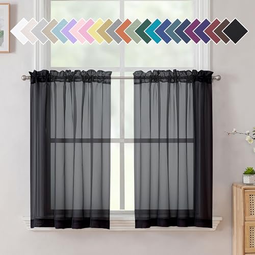 "Aiyufeng Black Curtains 36 inches Long 2 Panels, Short Cafe Sheer Tiers, Kitchen Tier Curtains for Kitchen Room Laundry, Rod Pocket, 40"" Wx36 L"