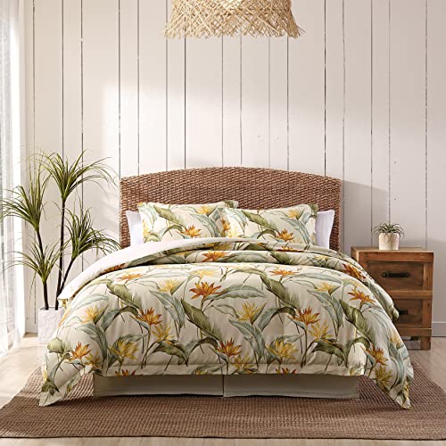 Tommy Bahama Reversible Cotton Bedding with Matching Shams & Bedskirt, All Season Home Décor (Birds of Paradise Off-White/Green/Yellow, Queen), Sateen