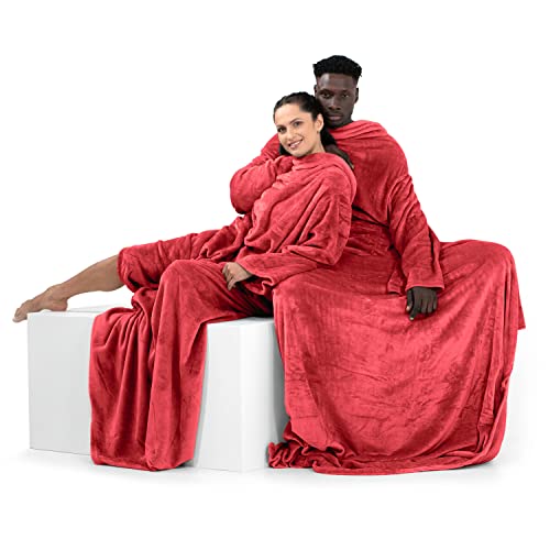 DecoKing Lazy TV Blanket, Microfibre Fleece Blanket with Sleeves, Pockets and Soft Foot Pocket