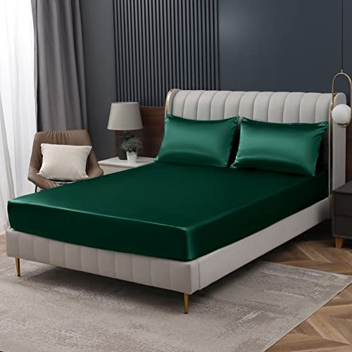 Homiest Blackish Green Satin Fitted Sheet King Size, Deep Pocket, Luxury & Ultra Soft Bedding