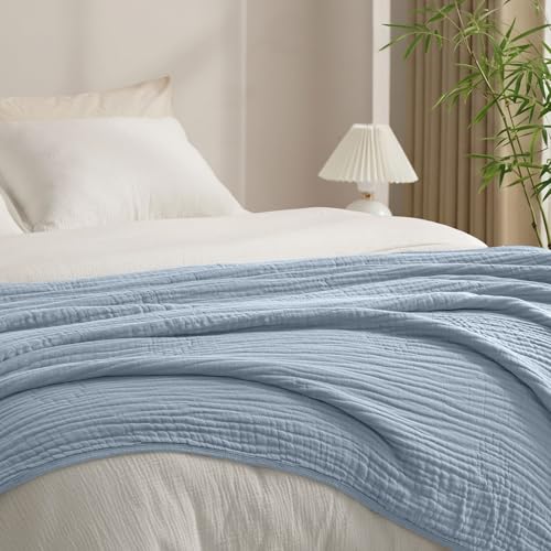 "PHF Cooling Muslin Blanket Twin Size 60""x80"", 6-Layer Lightweight Gauze Blanket Made from 35% Rayon Derived from Bamboo & 65% Cotton, Breathable & Ultra Soft Cozy, Aesthetic Home Decor, Dusty Blue"