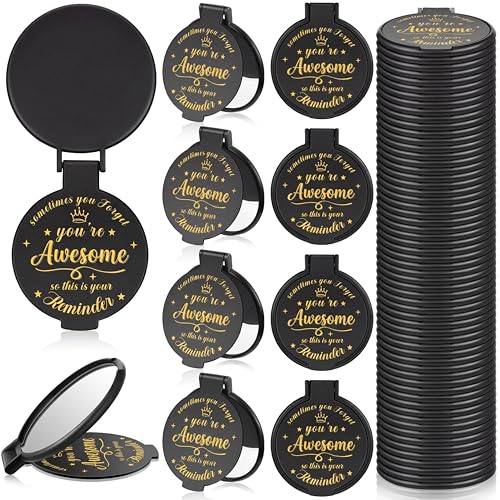 Gulfmew 36 Pcs 2.76 Inch Inspirational Compact Mirror Bulk Women Small Gifts Graduation Party Favors Purse Mirror Pocket Mini Stuffer Items for Adult Coworker Cheerleader Employee (Black)