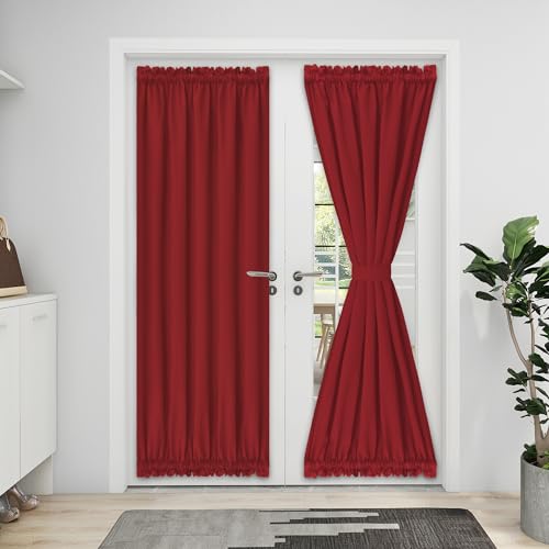 Easy-Going Blackout Door Curtains 1 Panel, 25x72 inch, Christmas Red - Rod Pocket Privacy Light Filtering Sidelight Curtains French Door Curtains with Tieback