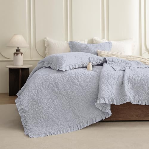 "QSH 3PCs Cornflower Blue Oversized King Quilt Bedspread Set(120""x120""),Stonewashed Cotton Ruffle Quilt California King,Soft Lightweight Crinkled Shabby Bedspread Coverlet Bedding Set for All Seasons"