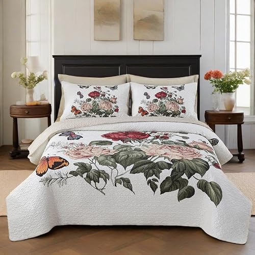 WHWODIDE Boho Floral Quilt Set King 3 Pcs Rose Flower Pattern Bedspread Comforter Soft Lightweight Microfiber Bedding Set with 2 Pillow Shams for All Season (Butterfly Rose, King)