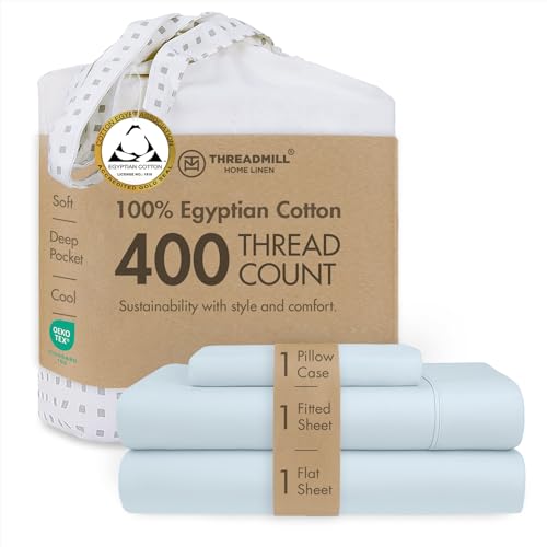 Threadmill Home Linen Twin Bed Sheets, 400 Thread Count Sateen Weave, 3 Piece Solid Bedding Sheet Set, Smooth Blue Sheets with Elasticized Deep Pocket
