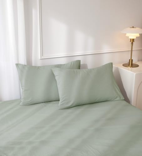 JIYUAN 100% Washed Cotton Pillowcases Set Envelope Closure Pack of 2, Linen Like Comfy and Breathable Textured Durable Bedding for All Seasons, Standsize Size, Heathered Sage Green