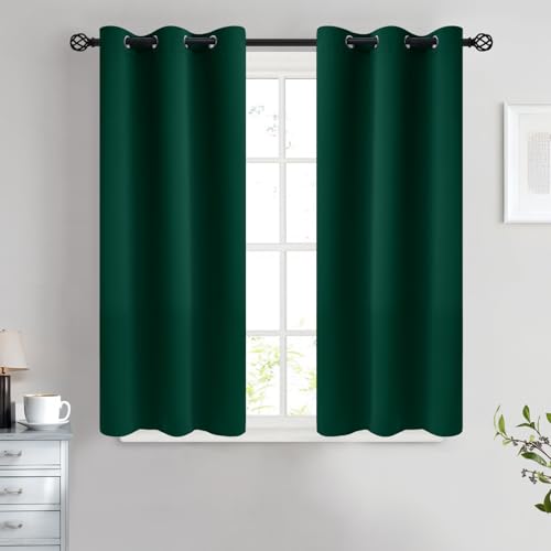 COSVIYA Grommet Blackout Room Darkening Curtains 45 inch Length 2 Panels,Thick Polyester Light Blocking Insulated Thermal Window Curtain Dark Green Drapes for Bedroom/Living Room,38x45 inches