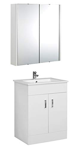 VeeBath Sphinx 600 Vanity Unit with Basin and Mirror Cabinet, Floor Standing Cabinet Rectangular Ceramic Wash Basin for Bathroom Furniture with 2 Doors- Gloss White (Flat Pack)