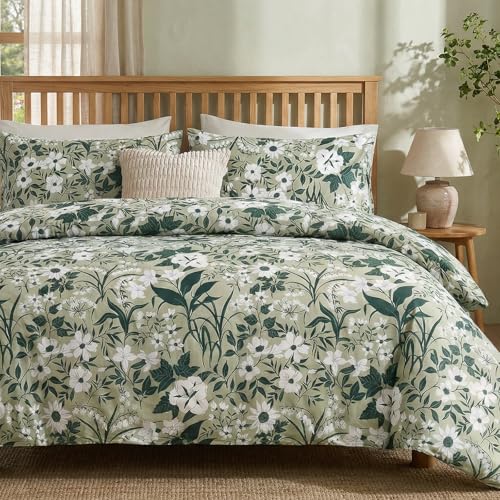 Cozaline Green Floral Duvet Cover Queen 100% Cotton Decorative Emerald Green Floral Duvet Cover 3 Pcs Set Dark Green Botanical Duvet Cover with Zipper Ties 2 Pillowcases Tropical Floral Bedding