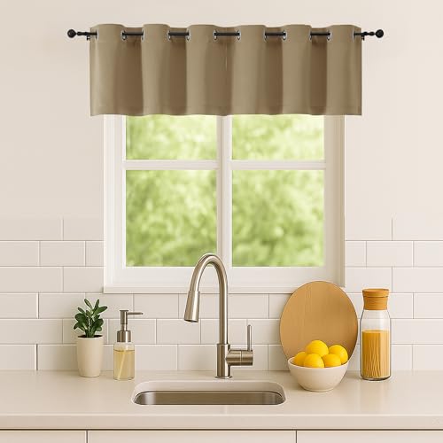 Simplebrand Taupe Window Valance for Kitchen 14 Inches Long 2 Panels Set, Room Darkening Valance Curtains for Living Room, Grommet Short Privacy Kitchen Curtains for Bedroom Kids Room, 40Wx14L