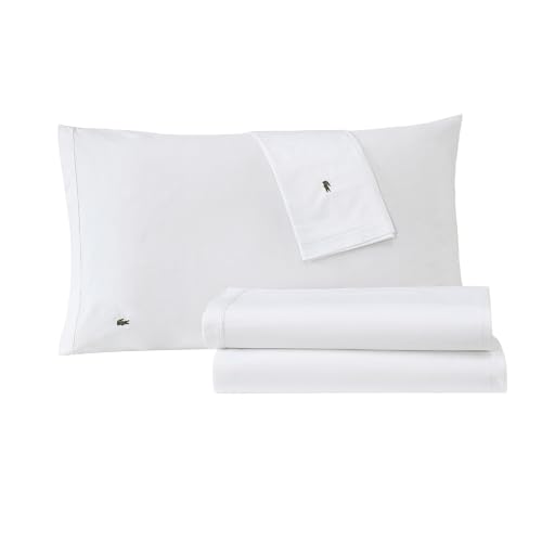 Lacoste 100% Cotton Percale 4-Piece Sheet Set – Cool, Crisp, Matte, and Durable, Oeko-Tex Certified – Solid, White, California King