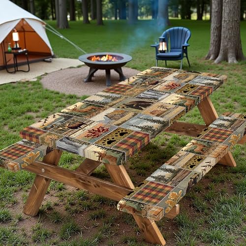 Bcsewcg Rectangle Picnic Table Cover with Bench Covers 6FT 3PCS, Camping Essentials,Rectangle Fitted Camping Tablecloth Waterproof with Elastic Edge for Indoor Outdoor Patio, 72in, Brown