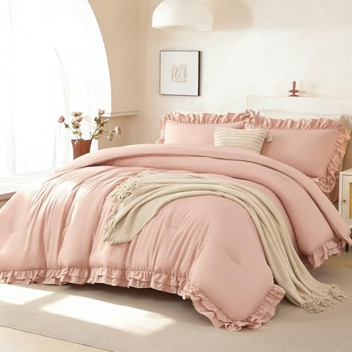 PERFEMET Ruffle Comforter Set Full, 5 PCS Blush Pink Ruffled Bedding Set Soft Fluffy Shabby Cihc Bedding, Coquette Bed Set All-Season for Women (Pink, Full)